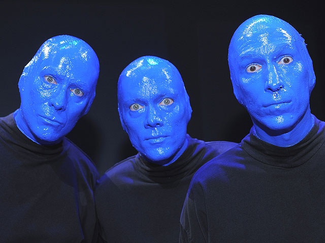 Blue Man Group founders Phil Stanton, Chris Wink and Matt Goldman pose for a photo at the Blue Man Group's 20th anniversary reunion show to benefit The Blue School at the Astor Theater on April 13, 2011 in New York City. (Photo by Jemal Countess/Getty Images)