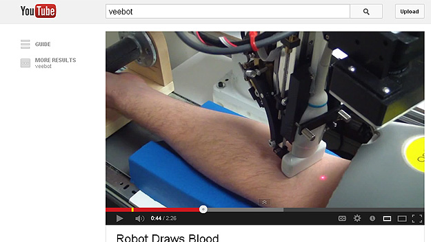 Veebot, the robot phlebotomist. (YouTube image courtesy: Veebot, spectrummag)