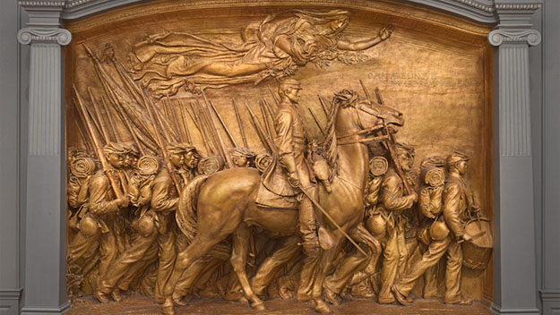 The patinated plaster sculpture version of Augustus Saint-Gaudens' Shaw Memorial is on display at the National Gallery of Art. The high-relief bronze version of the monument is a Beacon Street landmark across from the Massachusetts Statehouse. (Credit: National Gallery of Art)