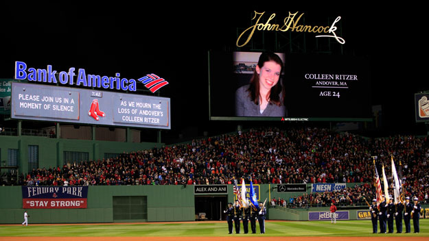 A moment of silence for fallen teacher 24-year-old Colleen Ritzer before the start of Game One of the 2013 World Series. (Photo by Jamie Squire/Getty Images) 