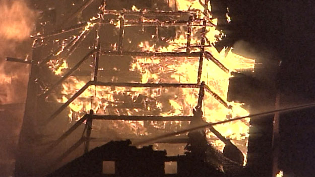 Fire at Merrimac Paper Co. in Lawrence. (WBZ-TV photo)