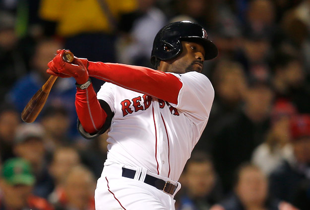 BOSTON, MA - APRIL 7:  Jackie Bradley Jr. #25 of the Boston Red Sox knocks in a run in the second inning against  the Texas Rangers at Fenway Park on April 7, 2014 in Boston, Massachusetts.  