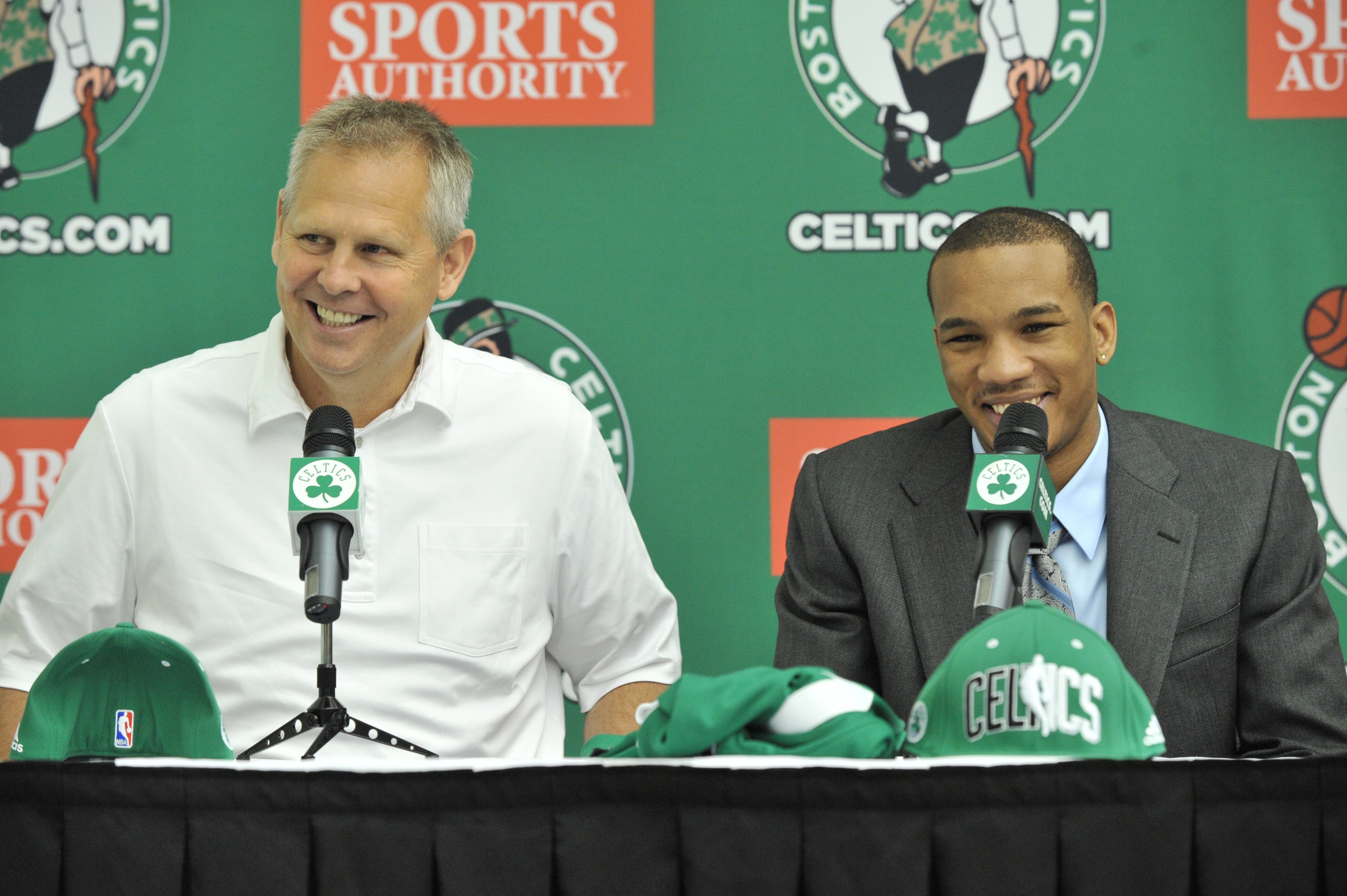 General Manager Danny Ainge introduces Avery Bradley during a press conference. (Photo by Brian Babineau/NBAE via Getty Images)