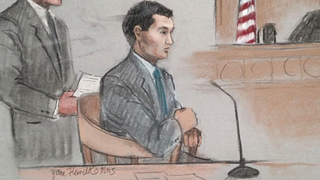 Azamat Tazhayakov in federal court, July 7, 2014. (Sketch courtesy: Jane Flavell Collins)