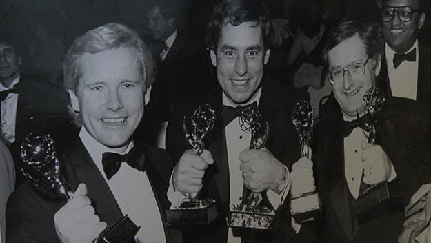 Jack Williams celebrates an Emmy Award with Bob Lobel and Dick Flavin. (WBZ-TV)