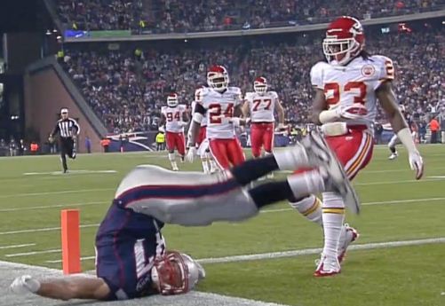 Rob Gronkowski flips into the end zone as he scores a touchdown against the Kansas City Chiefs on Monday Night Football. (Photo courtesy NFL.com/GameRewind)