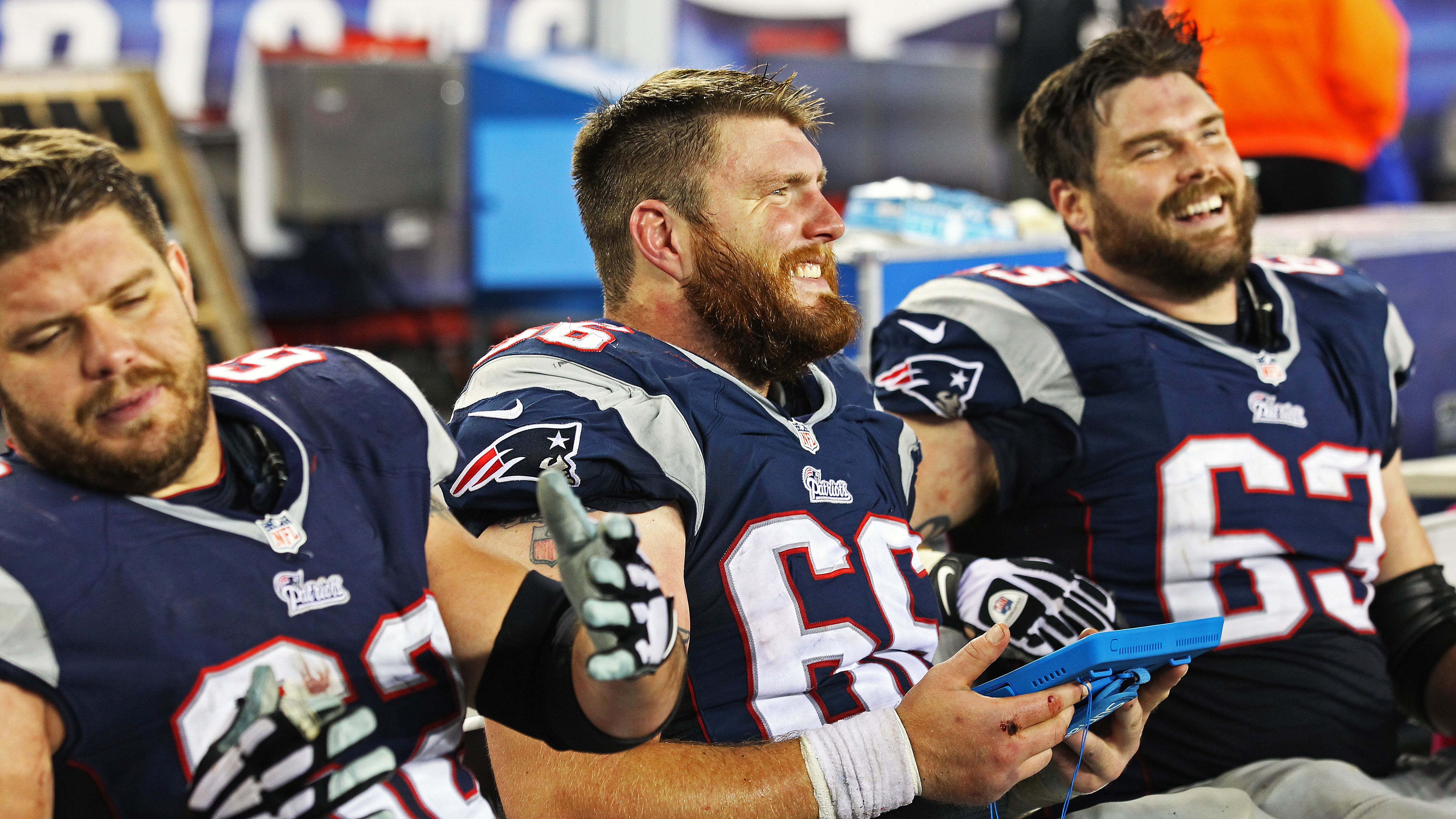 (L to R) Ryan Wendell, Bryan Stork, Dan Connolly  (Photo by Jim Rogash/Getty Images)