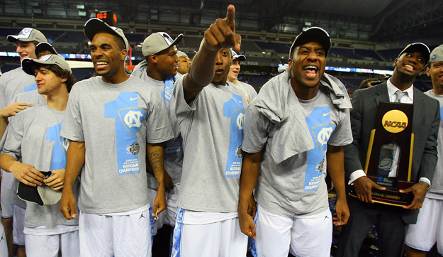 The North Carolina Tar Heels celebrate with the championship trophy after defeating the Michigan State Spartans 89-72 on April 6, 2009.  (credit: Streeter Lecka/Getty Images)