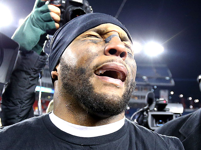 Baltimore Ravens linebacker Ray Lewis celebrates after their 28-13 AFC Championship victory over the Patriots. (Photo by Al Bello/Getty Images)