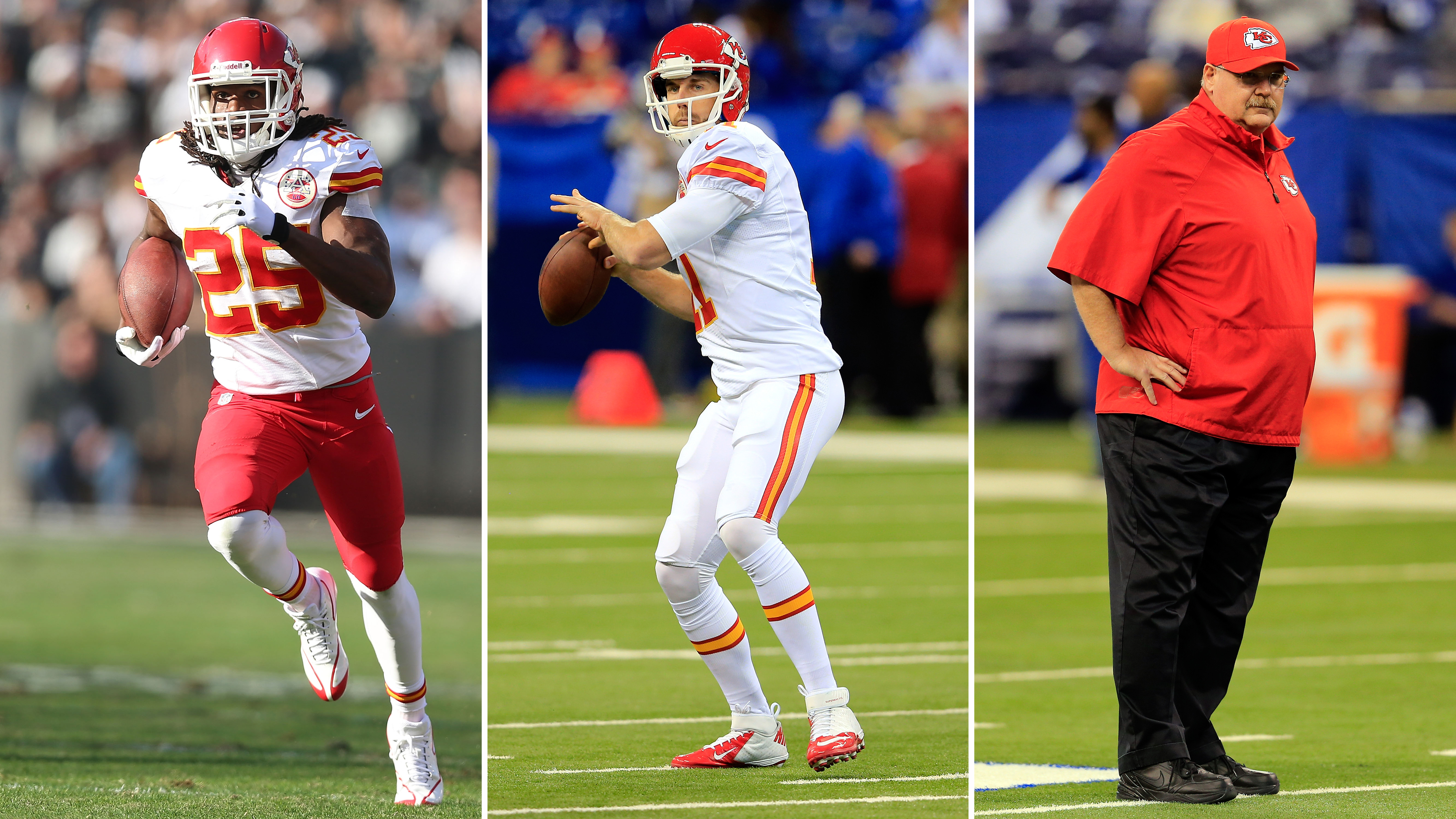 Kansas City Chiefs running back Jamaal Charles (L), quarterback Alex Smith (C) and head coach Andy Reid. (Getty Images)