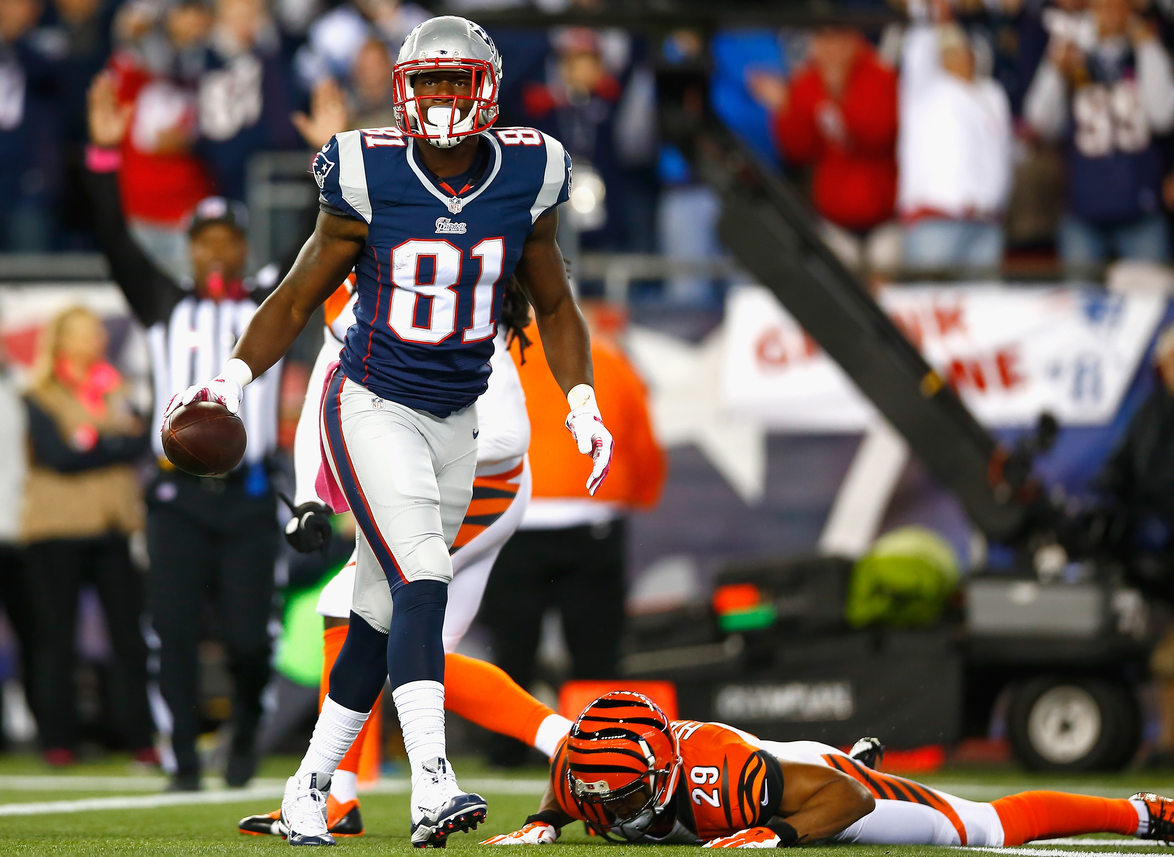 Tim Wright #81 of the New England Patriots celebrates after scoring a touchdown against the Cincinnati Bengals on October 5, 2014.  (Photo by Jared Wickerham/Getty Images)