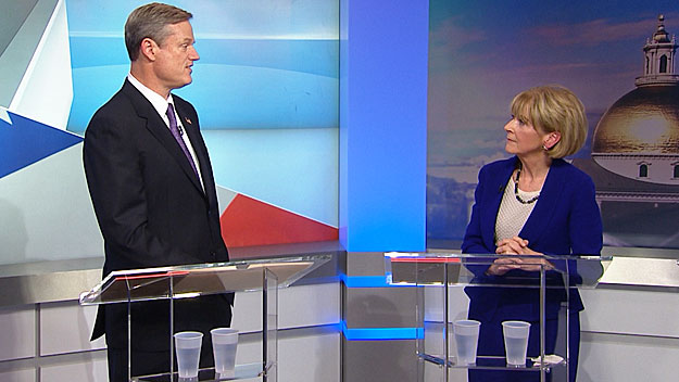 Charlie Baker and Martha Coakley at the WBZ-TV debate, Oct. 7, 2014. (WBZ-TV)