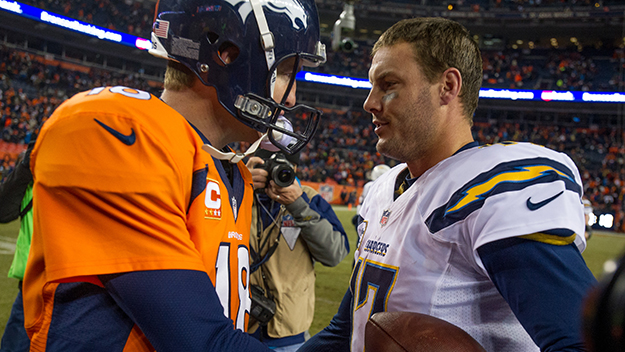 Quarterback Peyton Manning #18 of the Denver Broncos and Philip Rivers #17 of the San Diego Chargers. (Photo by Dustin Bradford/Getty Images)