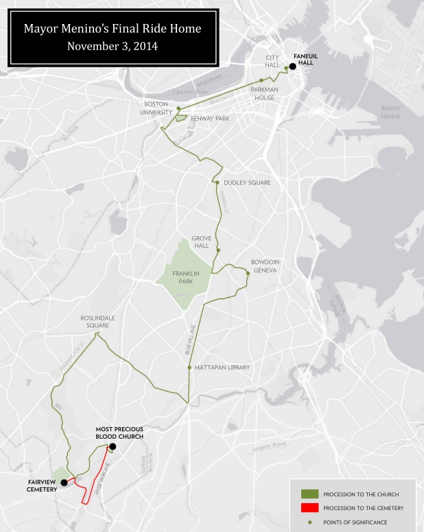 A map of the procession for Mayor Menino's final ride. (Photo credit TomMenino.org)