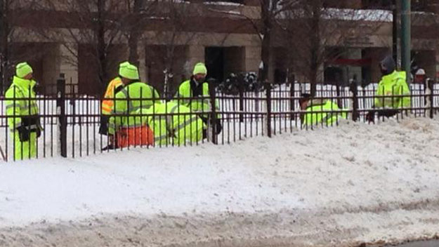 MBTA crews work to clear snow on the Green Line Tuesday (Photo credit Beth Germano/WBZ)
