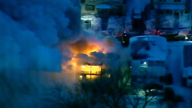 The fire on Reservoir Avenue could bee seen for miles at sunrise. (WBZ-TV)