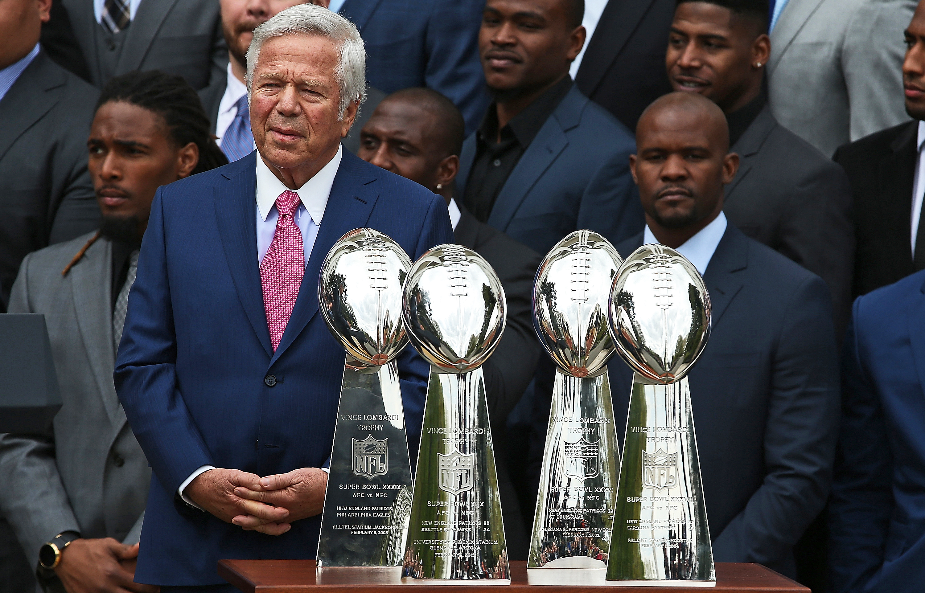 Robert Kraft, with the Patriots' four Lombardi Trophies,at the White House. (Photo by Win McNamee/Getty Images)