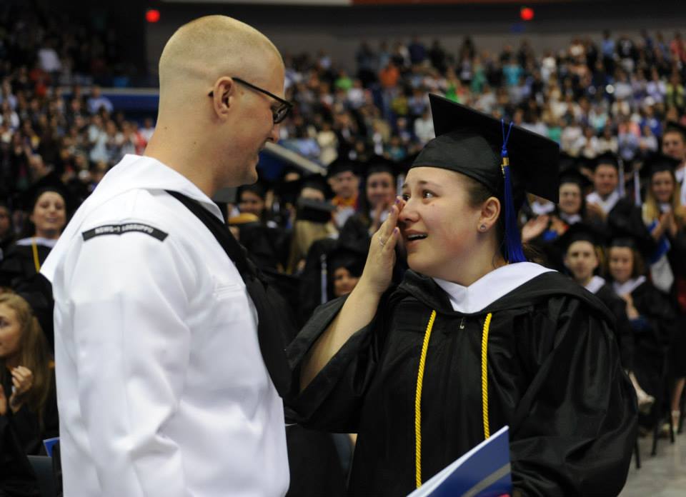 Chris Nall and Rachael Nall reunited in time for graduation. (Photo credit UMass Lowell)