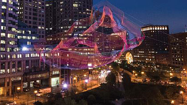 The Janet Echelman sculpture installation above the Rose Kennedy Greenway. (Photo credit: Rose Kennedy Greenway Conservancy)