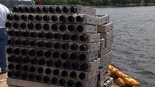 Parts of the fireworks equipment on the bare. (WBZ-TV)