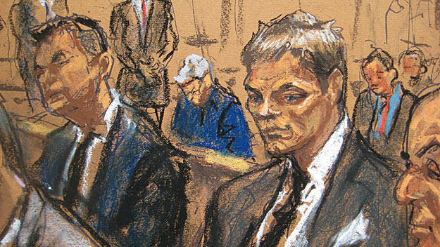 A courtroom sketch of Patriots quarterback Tom Brady. (Sketch by Jane Rosenberg)