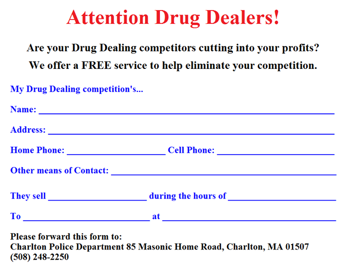 The satirical drug dealer form. (Image credit Charlton police)