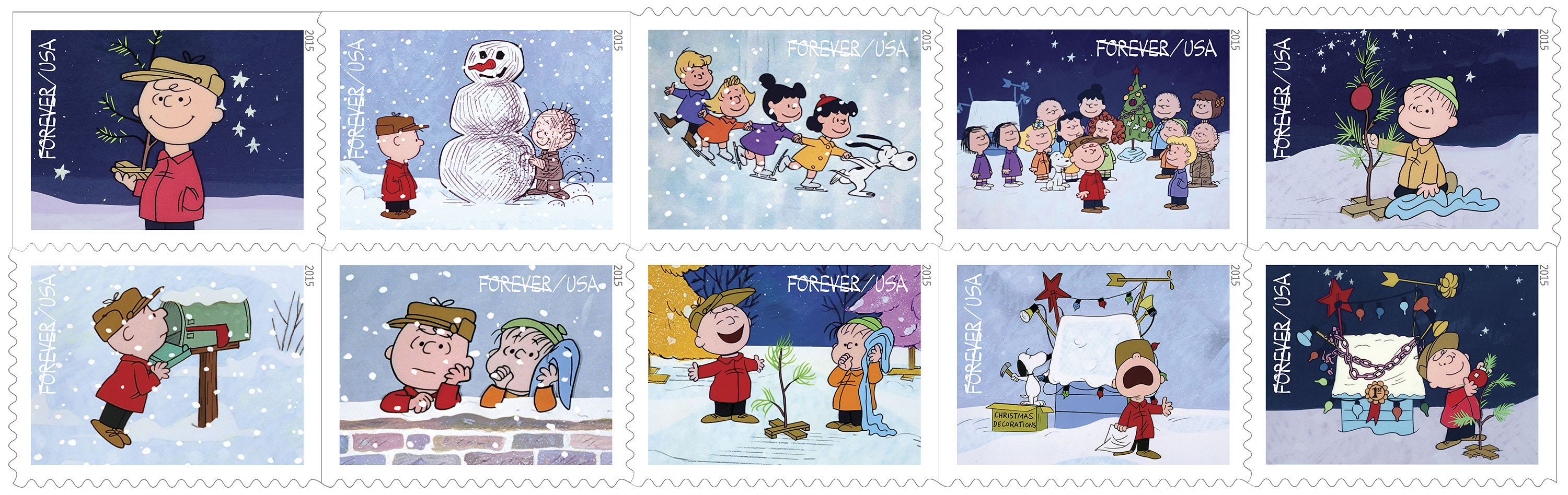 The new Charlie Brown Christmas Forever stamps. (Image credit U.S. Postal Service)