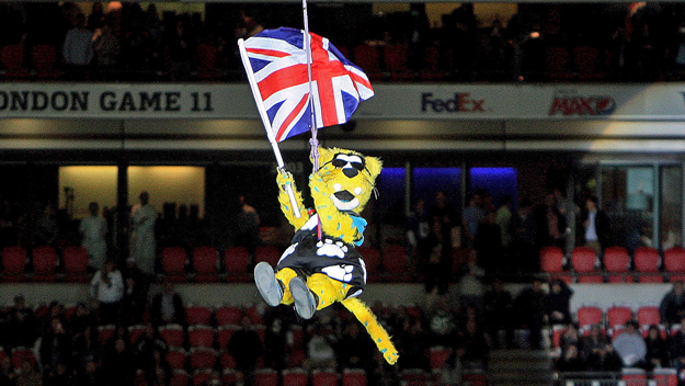 Jaxson de Ville, the mascot of the Jacksonville Jaguars, abseils into the Wembley Stadium (Photo by Nicky Hayes/NFL UK - Pool /Getty Images)