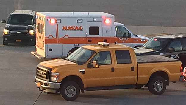 A passenger took this photo of the ambulance that came to the plane after it landed in Syracuse. (Photo credit: passenger via Jim Smith WBZ-TV)