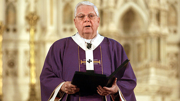 Cardinal Bernard Law at the Cathedral of the Holy Cross February 24, 2002. (Photo by Darren McCollester/Getty Images)