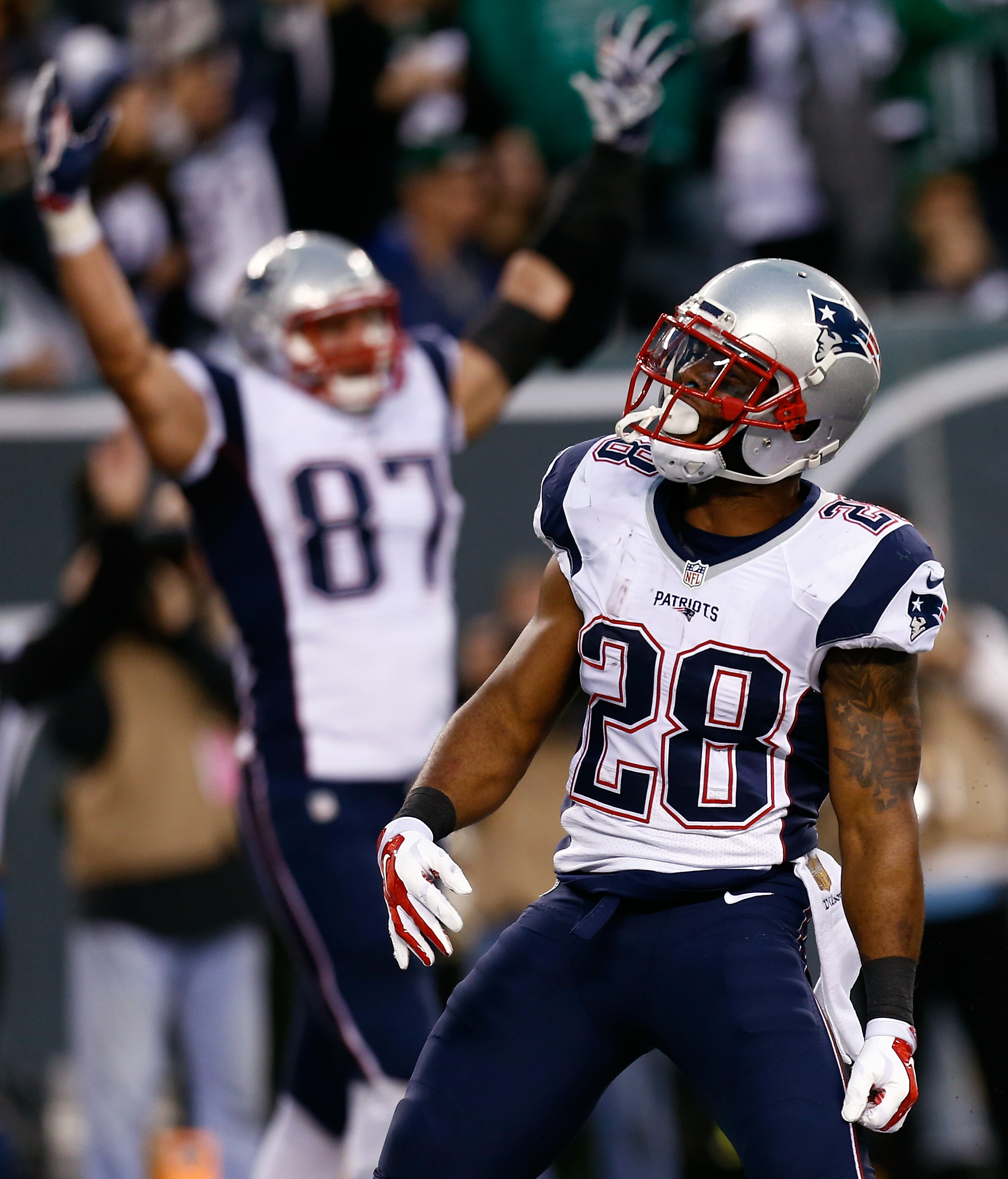 James White and Rob Gronkowski celebrate a touchdown. (Photo by Jeff Zelevansky/Getty Images)