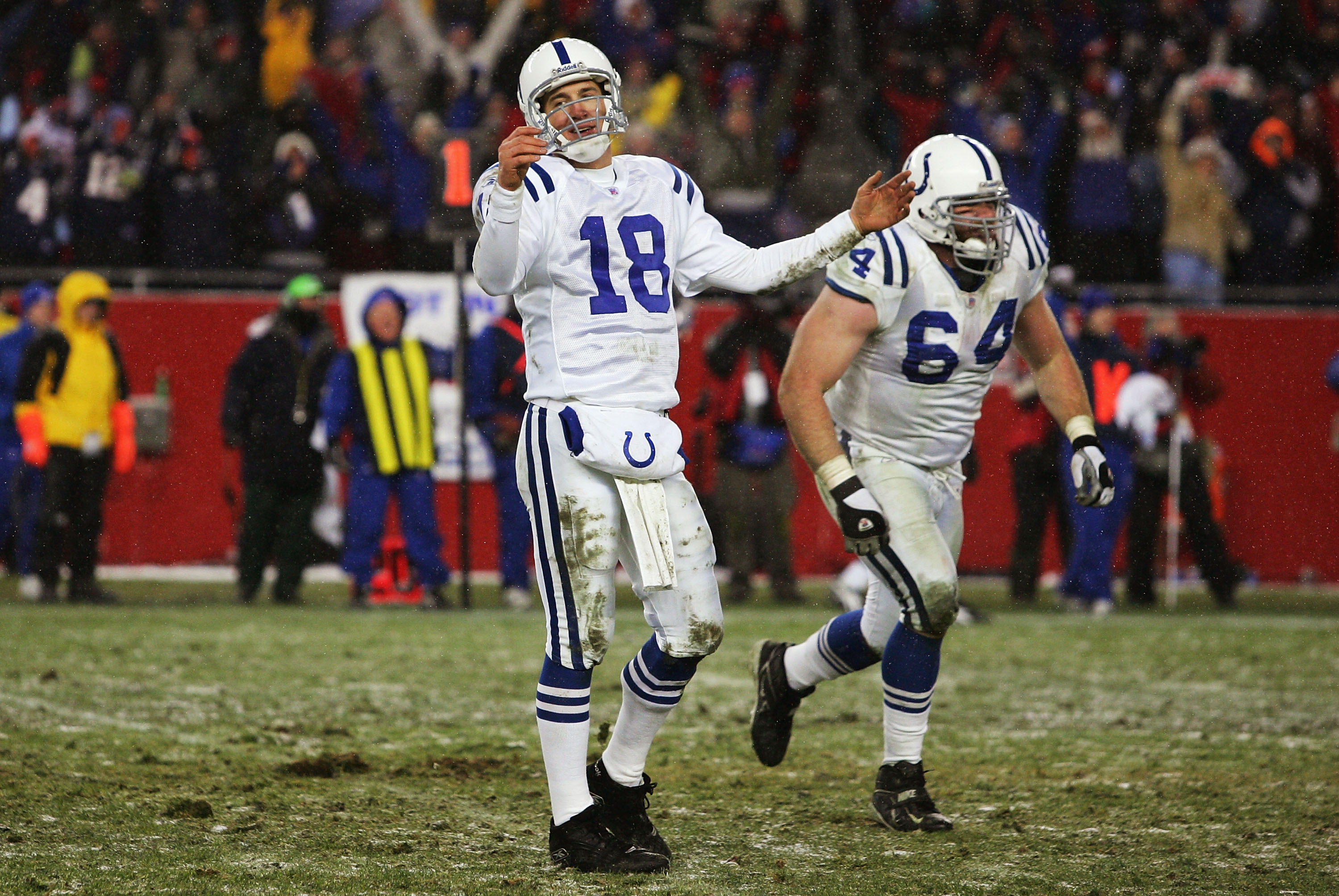 Peyton Manning of the Indianapolis Colts reacts after throwing an interception against the New England Patriots during the AFC divisional playoff game at Gillette Stadium on January 16, 2005 in Foxboro, Massachusetts. The Patriots defeated the Colts 20-3. (Photo by Harry How/Getty Images)