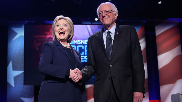 Hillary Clinton and Sen. Bernie Sanders shake hands at the MSNBC Democratic Candidates Debate at UNH on February 4, 2016. (Photo by Joe Raedle/Getty Images)