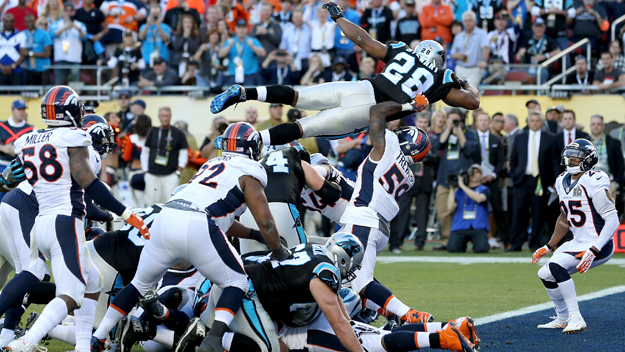 SANTA CLARA, CA - FEBRUARY 07: Jonathan Stewart dives for a touchdown. (Photo by Streeter Lecka/Getty Images)