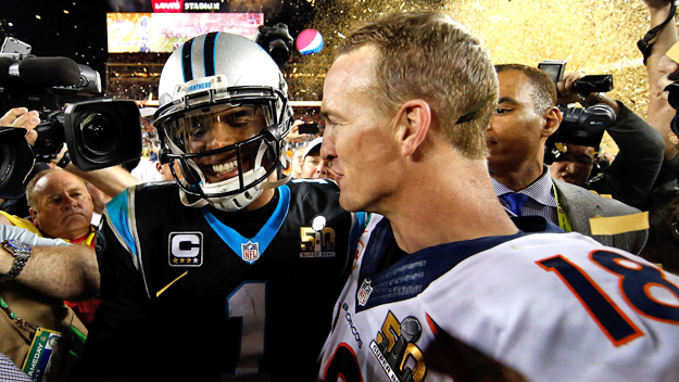 Cam Newton congratulates Peyton Manning. (Photo by Ezra Shaw/Getty Images)