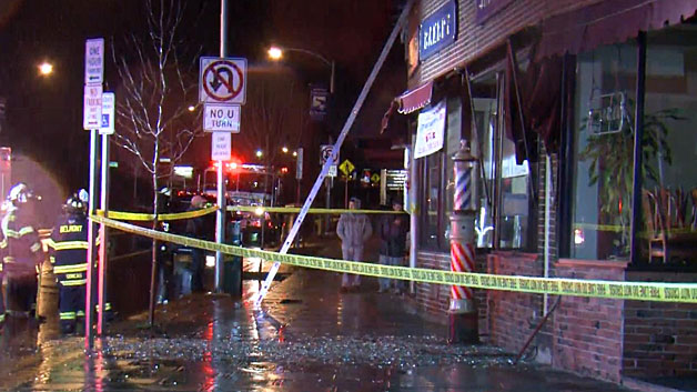 The area around Ohlin’s Bakery was sealed off after the explosion. (WBZ-TV)