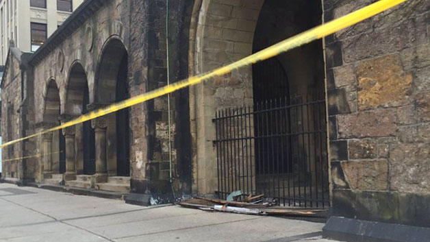 Strong winds blew debris off of the First Baptist Church in Boston (Image from Chantee Lans/WBZ)