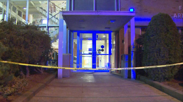 Crime scene tape outside Meier Hall after stabbing at Salem State University (WBZ-TV)