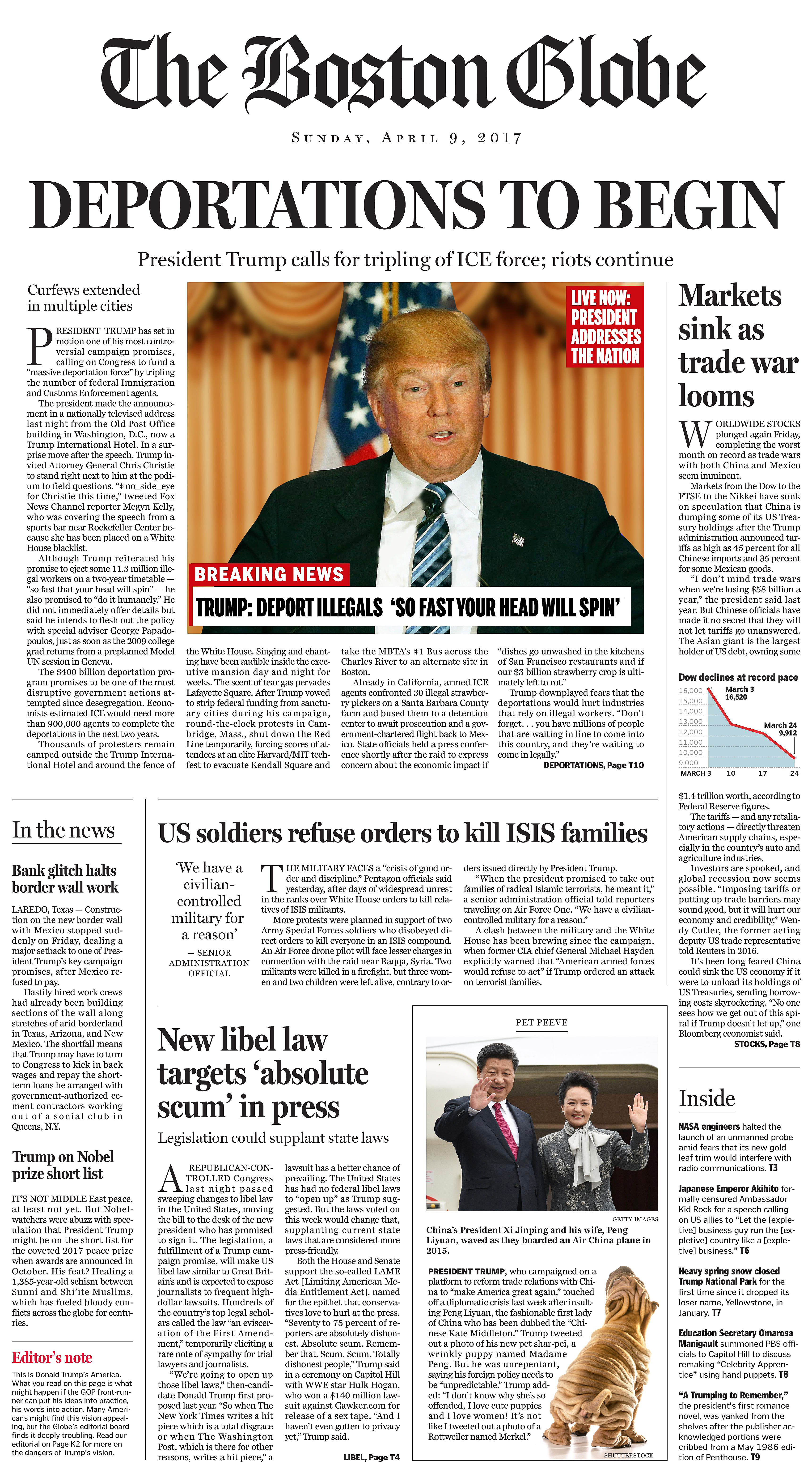 The Boston Globe's satirical front page about what a Donald Trump presidency would look like. 