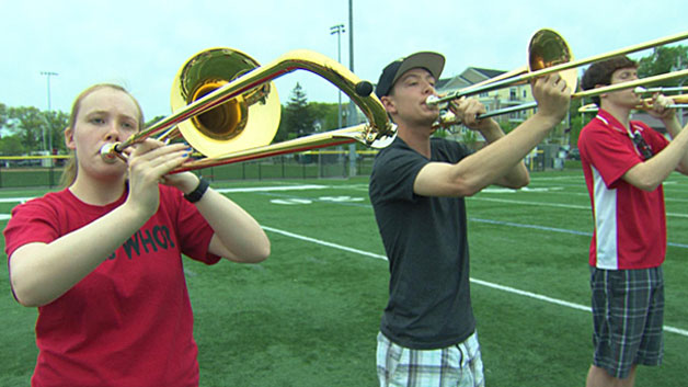 Members of the Melrose High School Marching Band rehearse ahead of the National Memorial Day Parade in Washington D.C. (WBZ-TV)