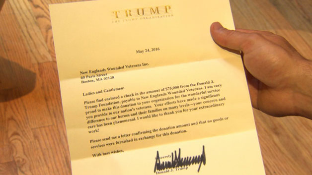 Letter from Donald Trump to New England Wounded Veterans charity (Photo from Andy Biggio)
