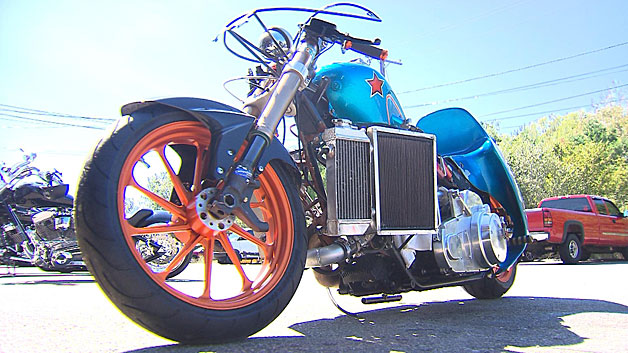 The custom-built motorcycle Jody used to beat the record. (WBZ-TV)