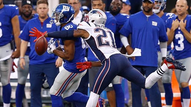 Malcolm Butler breaks up a pass intended for Victor Cruz. (Photo by Jeff Zelevansky/Getty Images)