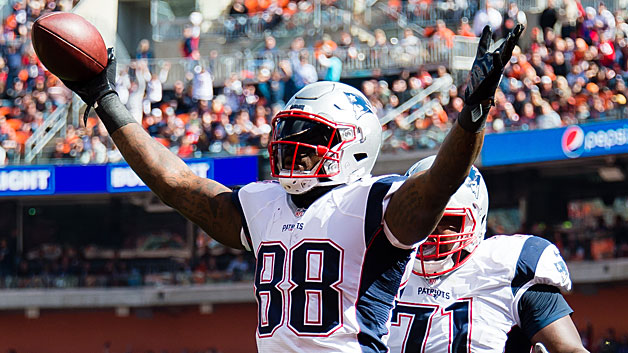 Patriots tight end Martellus Bennett celebrates after one of his three touchdowns against the Cleveland Browns. (Photo by Jason Miller/Getty Images)