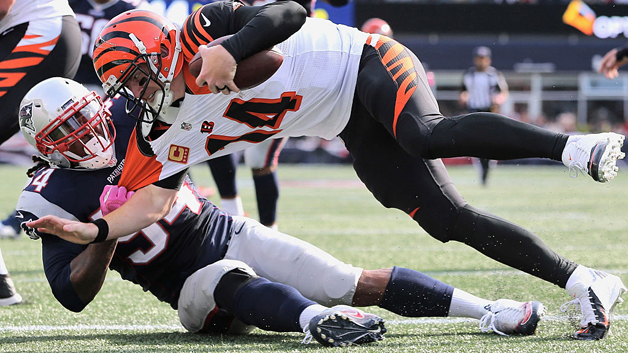 Dont'a Hightower sacks Bengals quarterback Andy Dalton for a safety. (Photo by Jim Rogash/Getty Images)