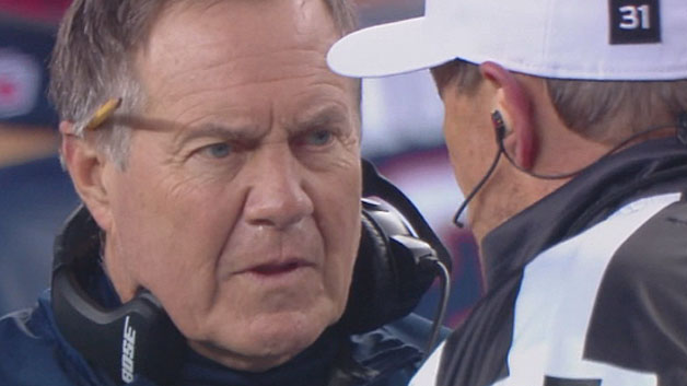 Bill Belichick stares at Ed Hochuli (Screen shot from NFL.com)