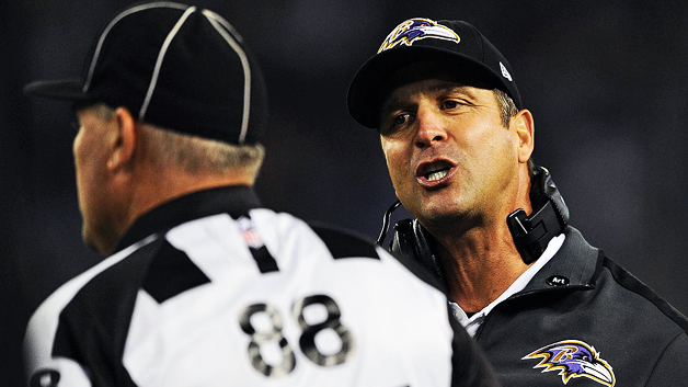 John Harbaugh argues with a replacement official in 2012. (Photo by Patrick Smith/Getty Images)