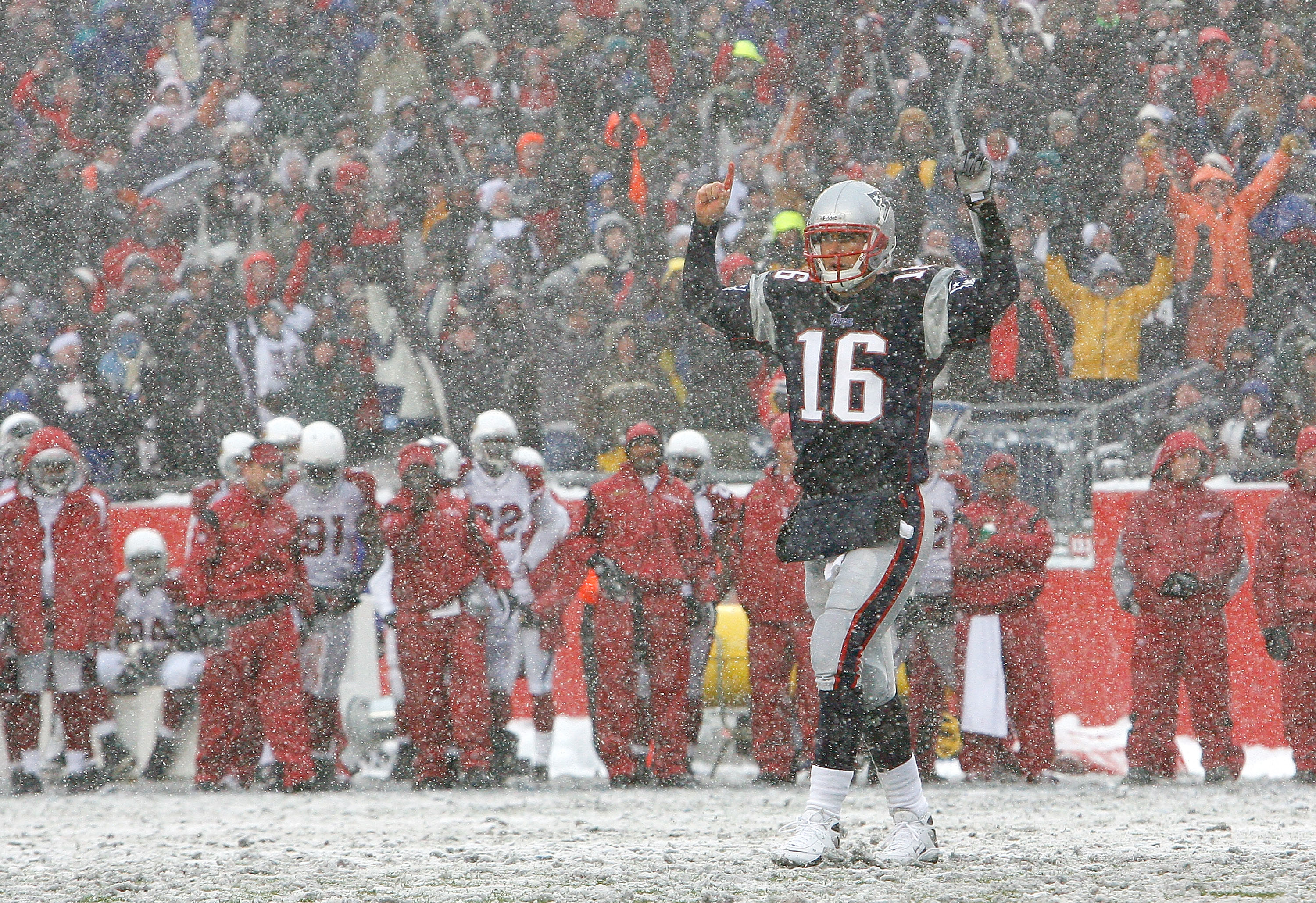 Matt Cassell of the New England Patriots reacts after a touchdown against the Arizona Cardinals at Gillette Stadium on December 21, 2008. The Patriots won 47-7. (Photo by Jim Rogash/Getty Images)