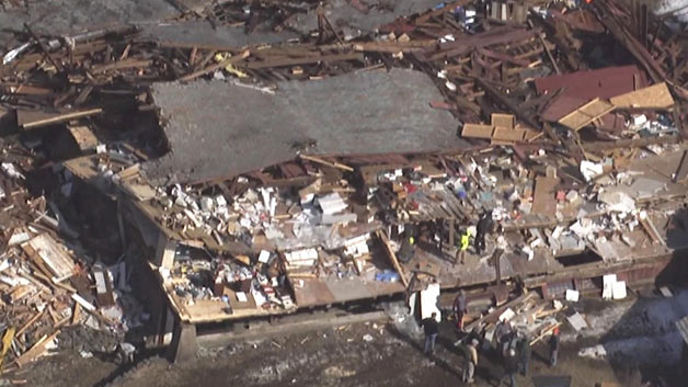 An aerial view of the tornado damage in Conway Monday morning. (WBZ-TV)