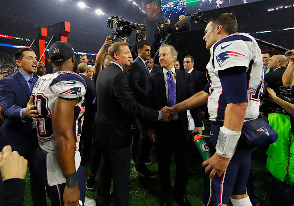 Tom Brady speaks to Roger Goodell after Super Bowl LI.  (Photo by Kevin C. Cox/Getty Images)